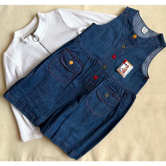 Vintage 90s Piano Kids Fashion Jumper Dress & Shirt Set Girls 8 Farm Patch Denim - Picture 2 of 6